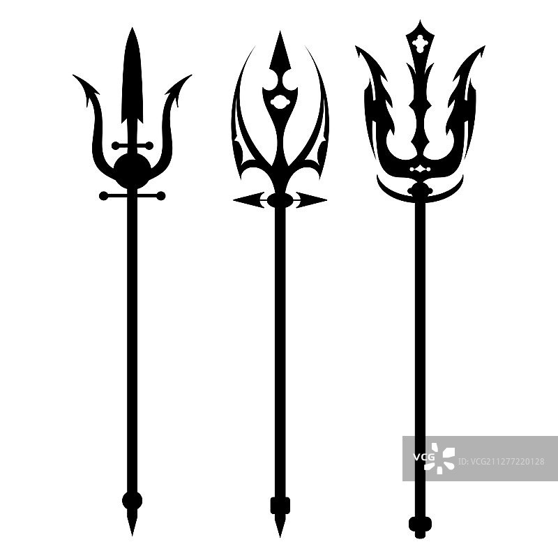 白色背景上的黑色三叉戟抽象矢量素材，古代神话战争武器图片素材