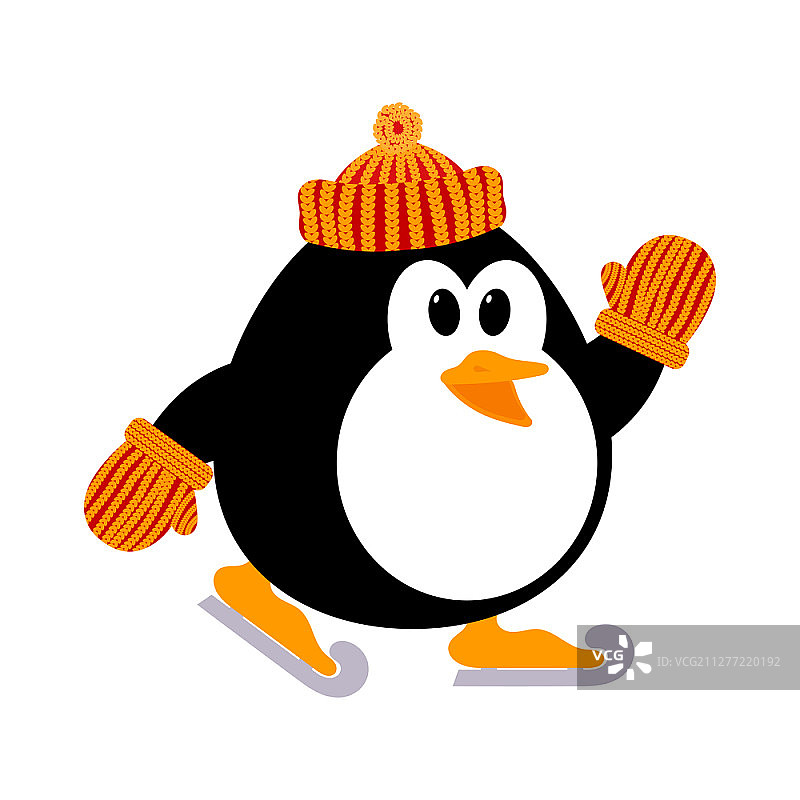 戴针织帽和手套的可爱小企鹅滑冰矢量插画。冬季运动。花样滑冰。在冰上玩耍的企鹅宝宝。图片素材