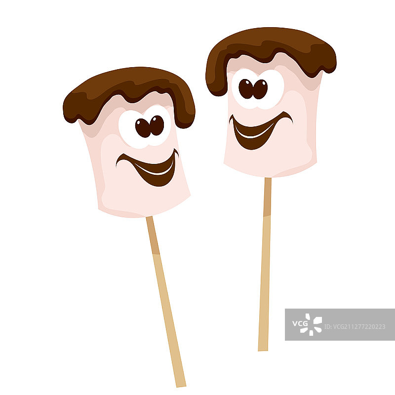 卡通风格的巧克力棉花糖串在白色背景上，矢量插图，食物，有趣的露营，夏令营食物图片素材