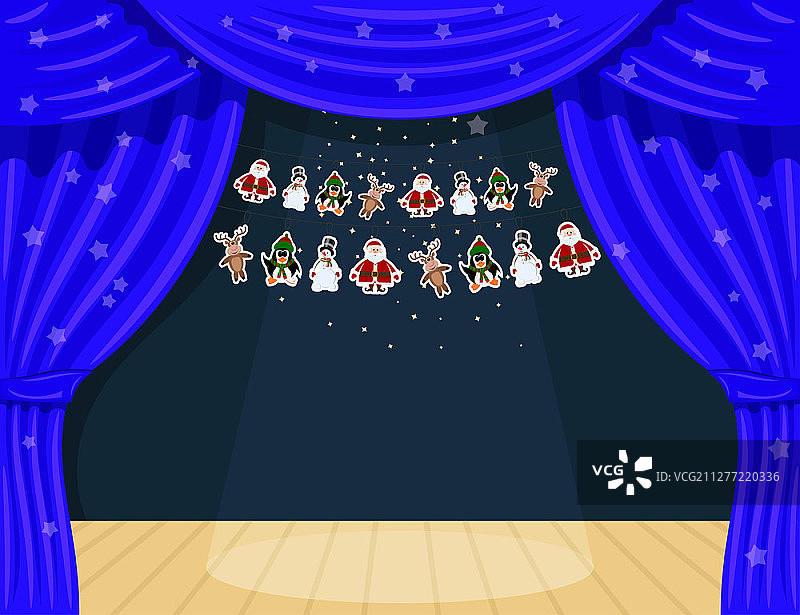 蓝色卡通剧院：聚光灯、星星和花环下的舞台幕布矢量素材图片素材