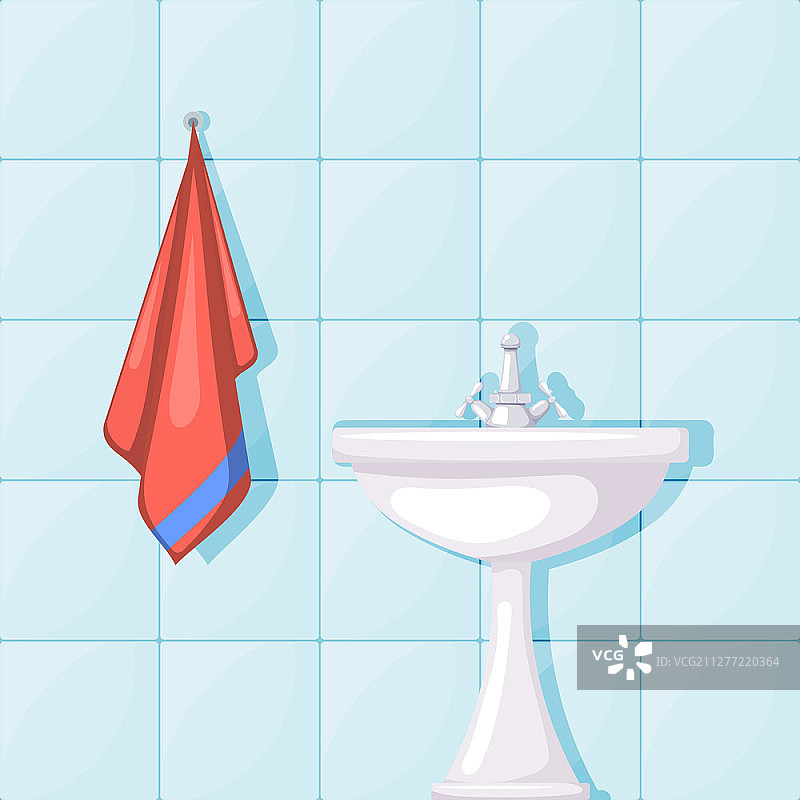 浴室陶瓷洗手盆矢量插画：瓷砖墙壁和红色毛巾图片素材