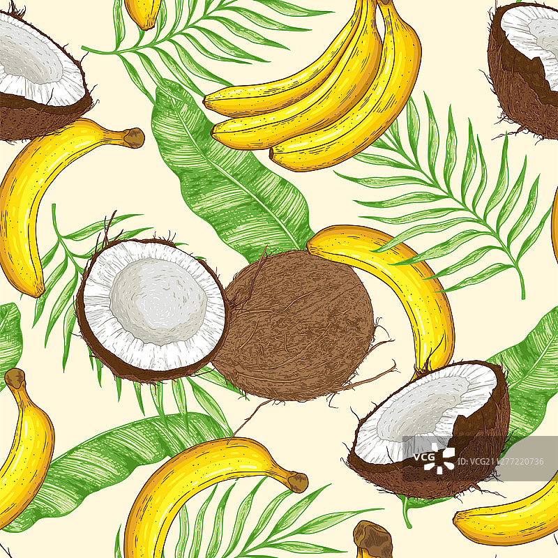 手绘热带无缝图案，黄色香蕉、椰子和绿色树叶矢量背景图片素材