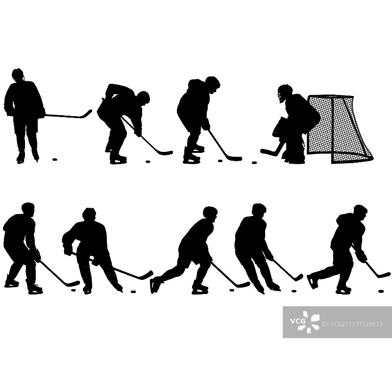 白色背景上的曲棍球运动员剪影合集图片素材