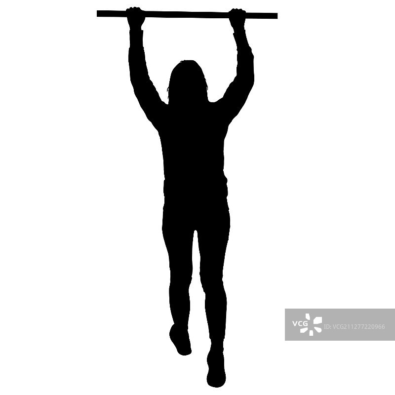 在白色背景上做引体向上的女人剪影图片素材