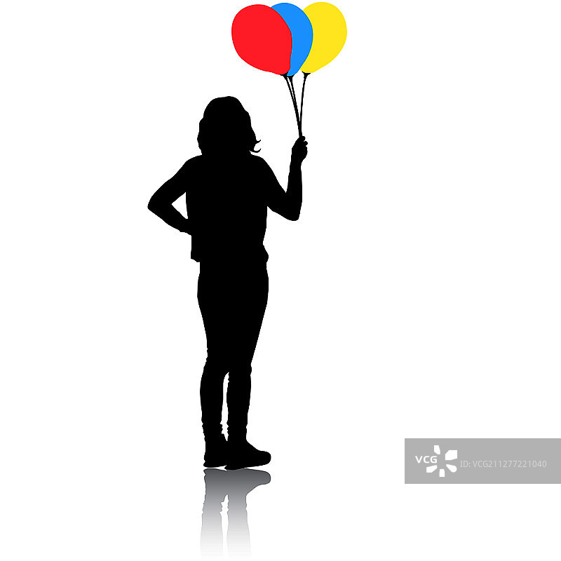 白色背景上手拿气球的女孩剪影图片素材