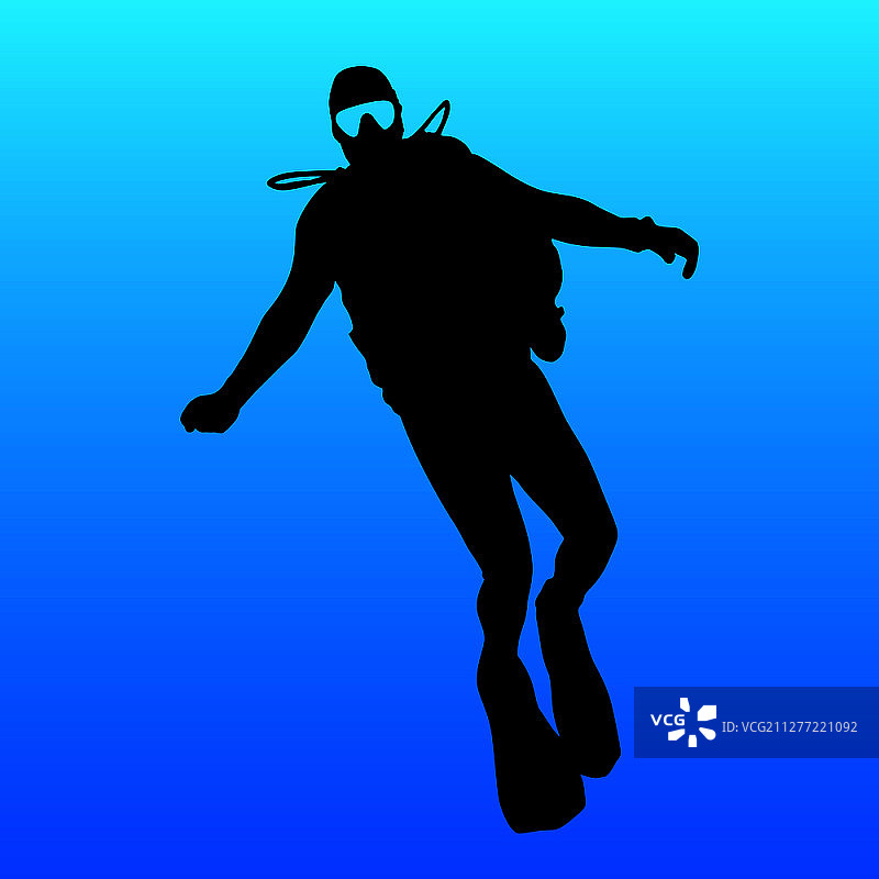 蓝色背景上的水肺潜水员黑色剪影图片素材