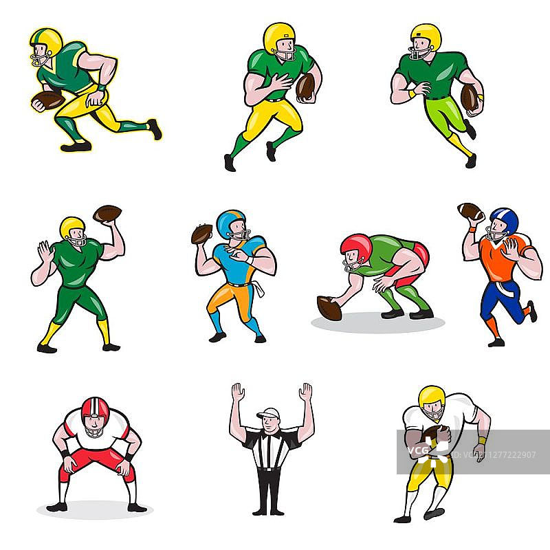 美式橄榄球运动员卡通形象合集：四分卫、跑卫、中锋等不同角色图片素材