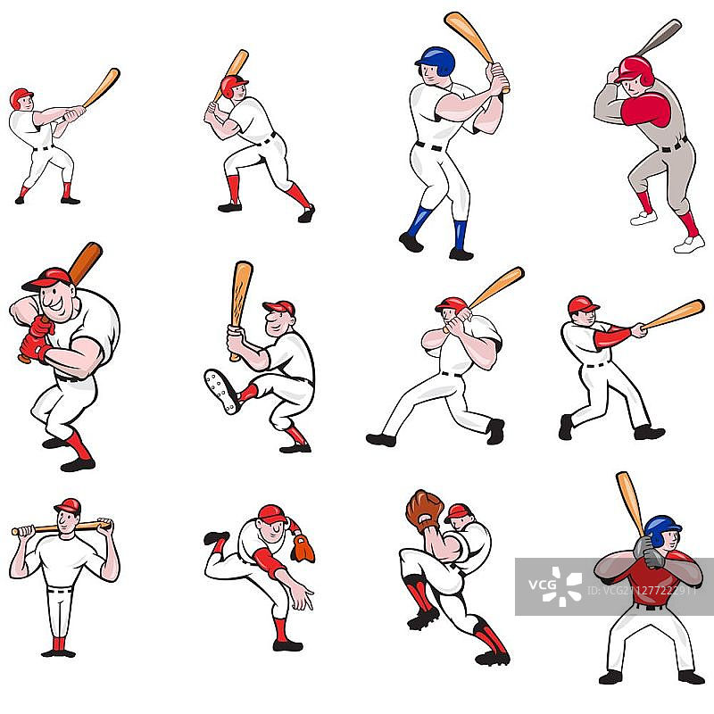 美国棒球运动员卡通形象插画素材：投手或击球手投掷球图片素材