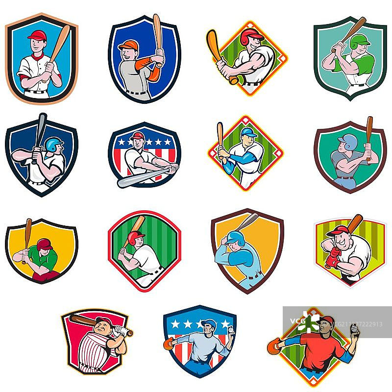 美国棒球运动员卡通图标插画合集：投手或击球手在盾牌内击球、投球或扔球图片素材