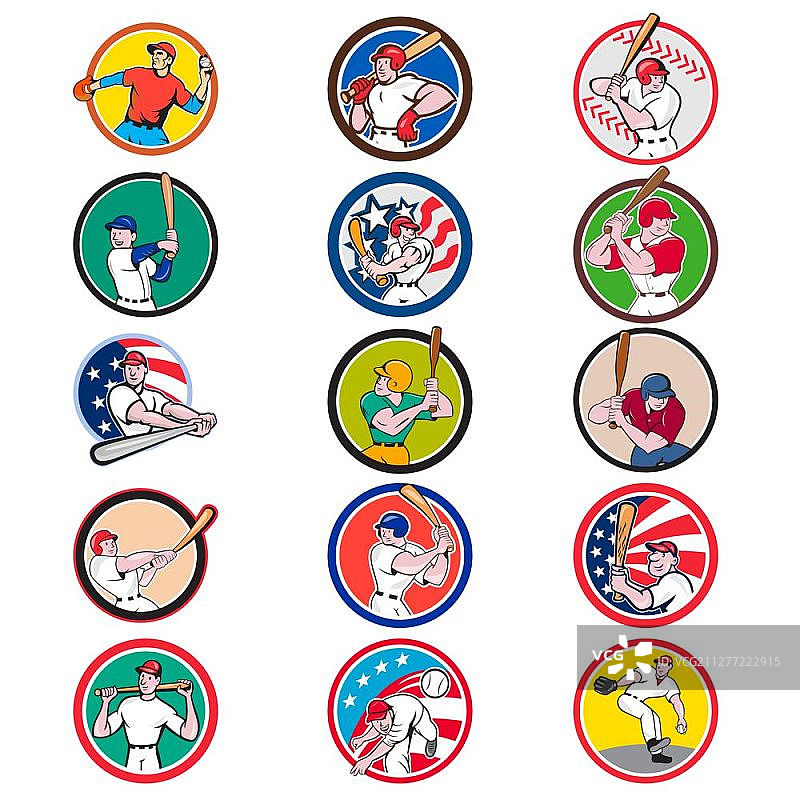 卡通美国棒球运动员、投手或击球手在白色背景圆圈内击球、投球或抛球的图标插画合集。卡通棒球图标合集图片素材