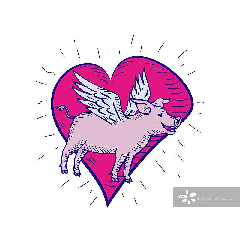 粉色爱心中飞翔的猪涂鸦艺术插画图片素材