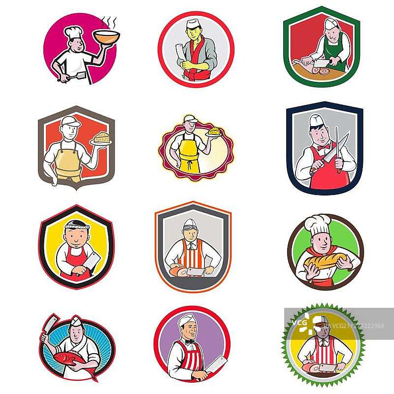 卡通人物吉祥物风格的食品工人合集，如厨师、面包师、奶酪制造商、鱼贩或屠夫，以圆形、盾形或徽章形式呈现在孤立的白色背景上。食品工人图标卡通合集图片素材