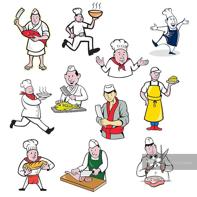 卡通食品从业者角色合集：厨师、面包师、奶酪制造商、鱼贩或肉店老板全身或半身像图片素材