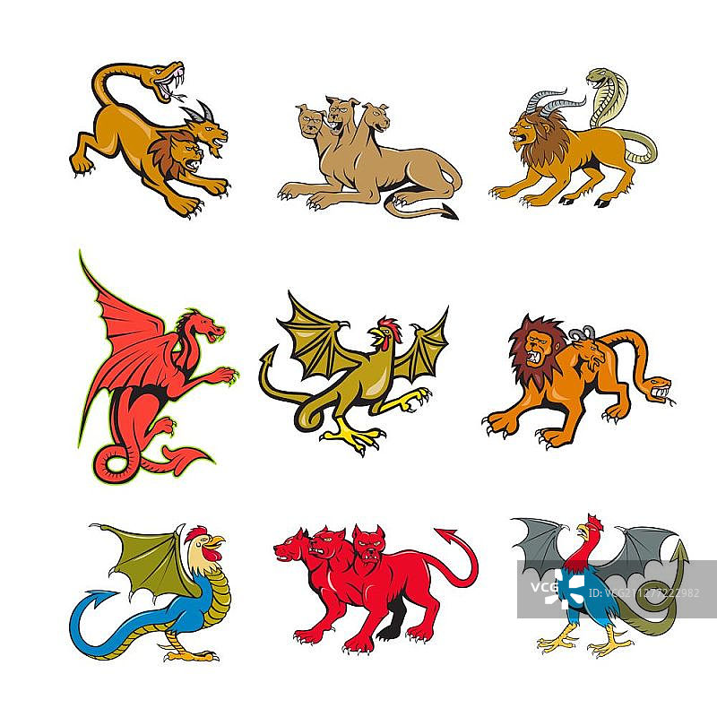 卡通角色吉祥物风格插画合集：奇美拉、刻耳柏洛斯、龙和蛇怪图片素材