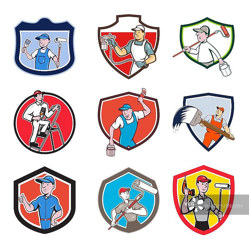 卡通吉祥物风格插画：房屋油漆工、建筑工人、勤杂工、装饰工、承包商或装修工图片素材