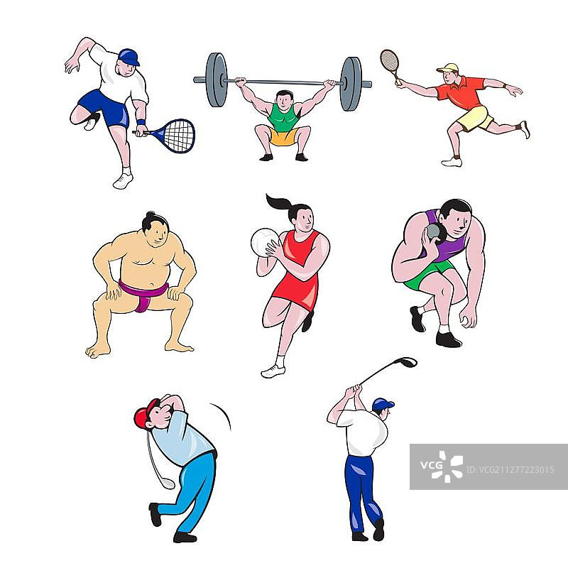 卡通运动吉祥物合集：相扑、网球、举重、投掷和高尔夫图片素材