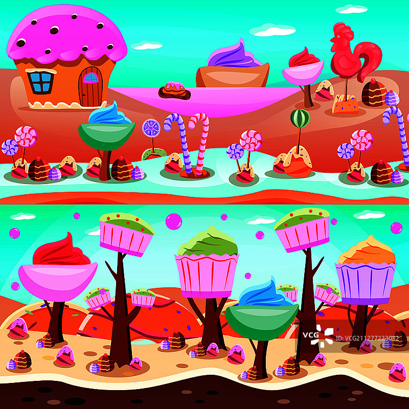 糖果乐园扁平风格插画：甜美的湖泊和纸杯蛋糕森林图片素材