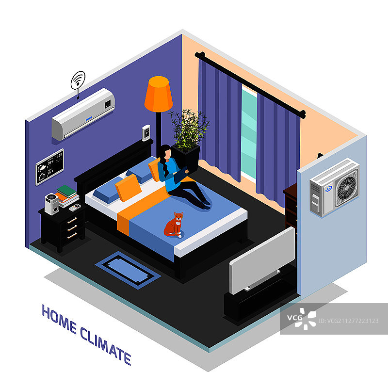 可远程控制的家庭气候系统等距组合：包含卧室内部气象站和空调的矢量插图图片素材