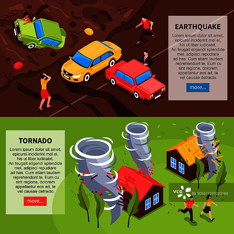 具有地震和龙卷风等距组合的自然灾害横幅矢量图图片素材