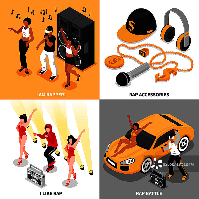 说唱2x2设计概念集，包含说唱歌手、音乐配件、说唱对战和粉丝方形构图2.5D矢量图图片素材