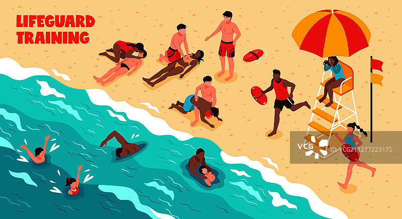救生员培训横幅矢量图：游泳者与水中救援图片素材