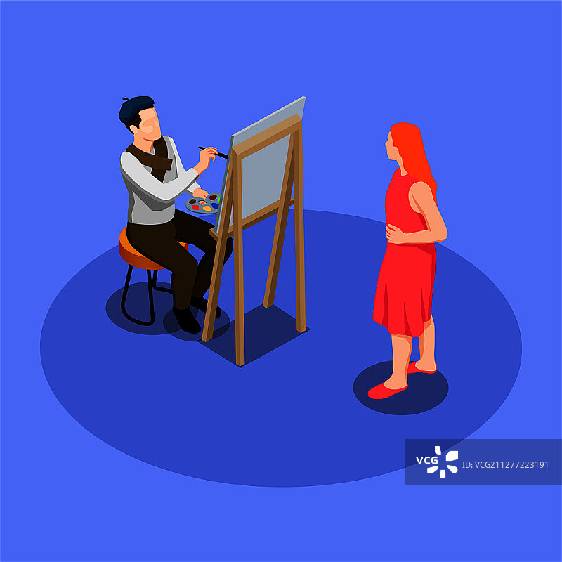 街头艺术家在蓝色背景上绘制红色2.5D风格的女性肖像矢量图图片素材