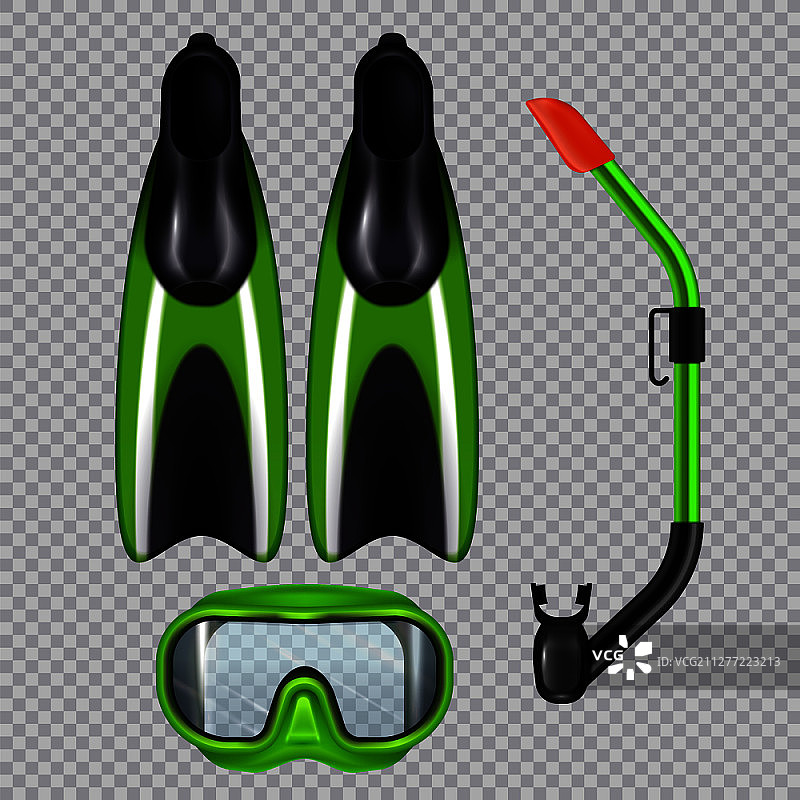 潜水配件写实套装：包括呼吸管、面罩和脚蹼，绿色透明背景矢量图图片素材