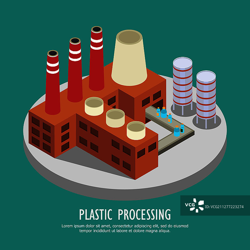工厂建筑和水瓶在传送带上的塑料2.5D背景图片素材