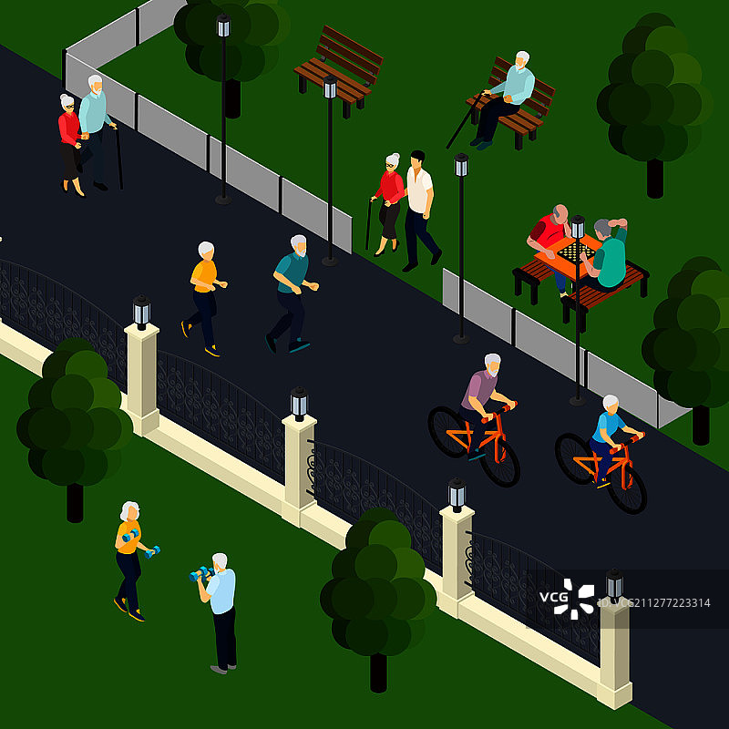 退休人员在公园玩户外棋盘游戏等距矢量插图图片素材