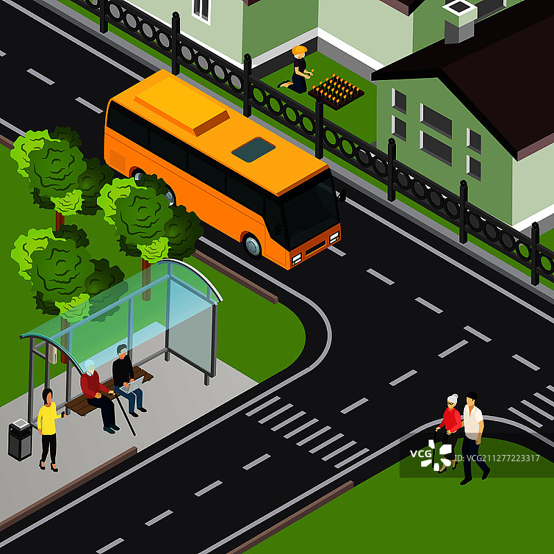 老年人等候公共交通工具，老年妇女在服务员的陪同下到达人行横道等距矢量图图片素材