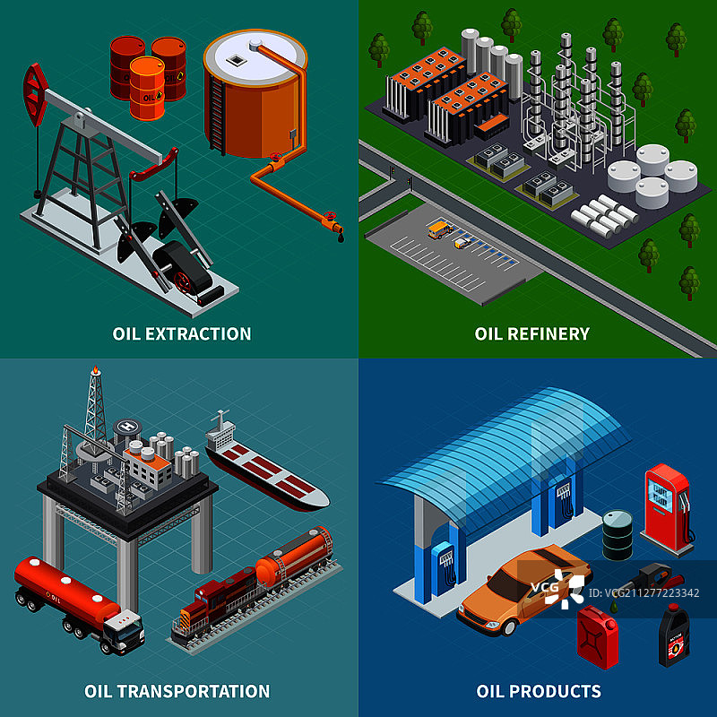石油工业开采设备炼油和运输2.5D等距概念3D矢量图图片素材