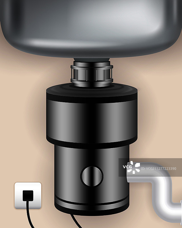 逼真的食物垃圾处理器安装在厨房水槽中，并连接到电源插座矢量插图图片素材