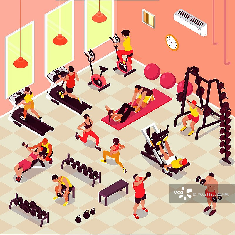 男女在健身房进行有氧运动和重量训练2.5D矢量图图片素材