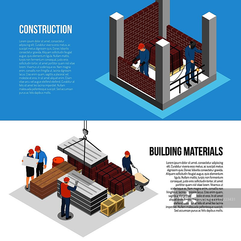 2.5D建筑师横幅套装，含施工人员和可编辑文本矢量图图片素材