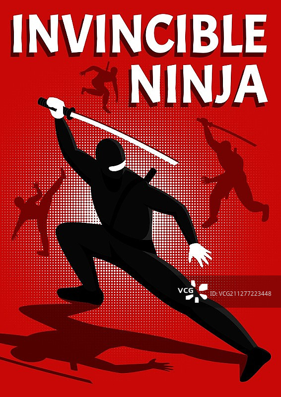 2.5D忍者战士闪亮红色背景海报与热门在线动作游戏角色矢量插图图片素材
