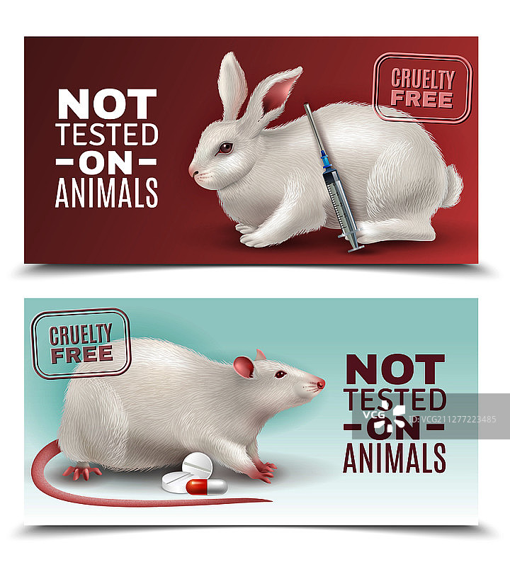 未经动物测试的banner，含兔子、老鼠、注射器和药丸矢量图。未经动物测试横幅图片素材