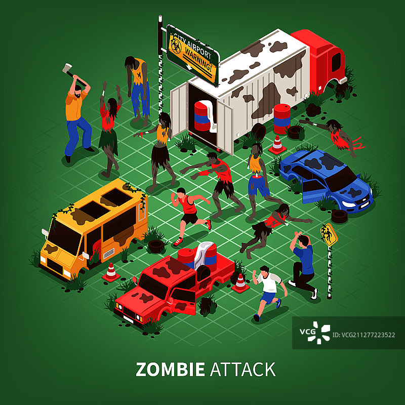 2.5D僵尸末日组合，包含攻击人类的奇怪僵尸图像和损坏的汽车矢量图僵尸末日2.5D背景图片素材