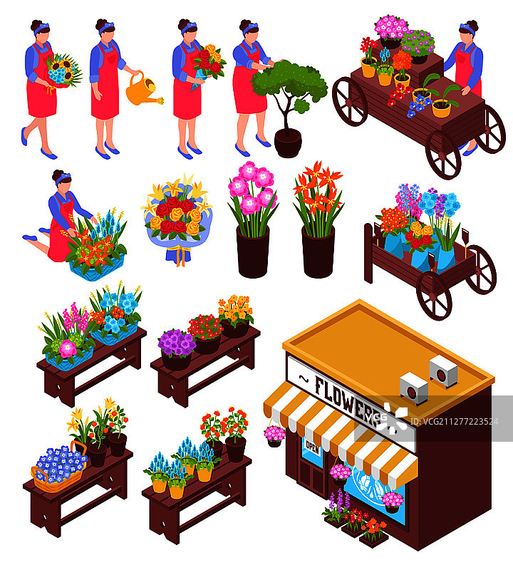 花店盆栽花束及店员2.5D元素矢量图图片素材