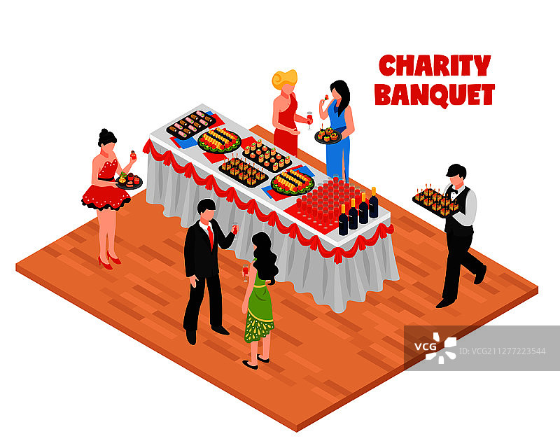 2.5D宴会：客人、服务员和美食桌矢量素材图片素材