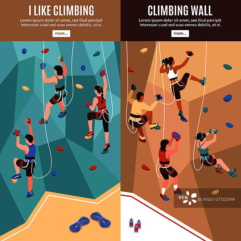 2.5D攀岩墙banner，含了解更多按钮和人造岩壁矢量图图片素材