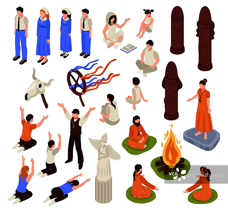 宗教信仰集会2.5D图，包含祈祷者和先知角色图片素材