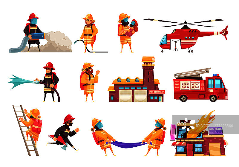 消防部门消防员设备：灭火设备车辆和人物矢量图图片素材