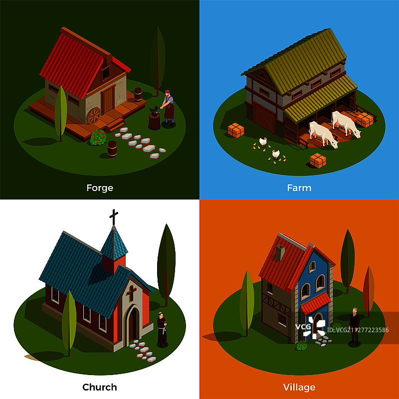 4个扁平2.5D等距中世纪定居点建筑，包含农场教堂锻造建筑村舍孤立矢量图图片素材