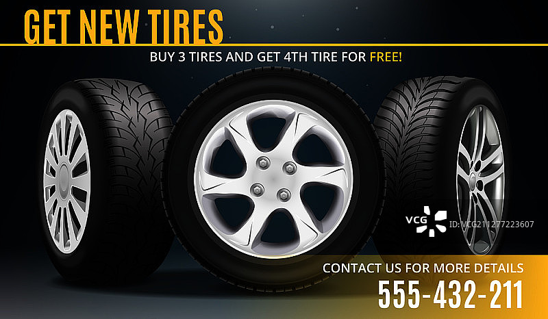 全新轮胎广告海报：促销优惠及联系方式矢量图图片素材