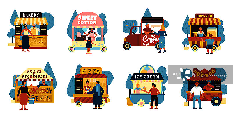 街头小吃图标集：包含商贩和顾客，扁平风矢量插画图片素材