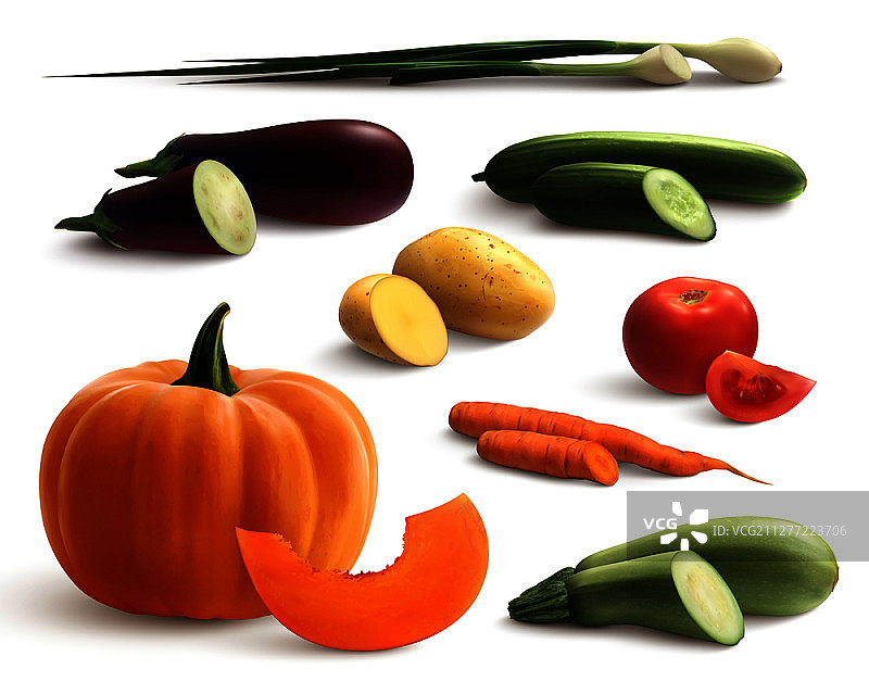 切好的蔬菜：胡萝卜、南瓜、黄瓜、茄子、西葫芦、土豆、洋葱写实图标矢量图图片素材