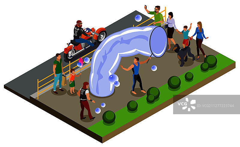 泡泡秀和娱乐表演者及观众等距矢量插图图片素材