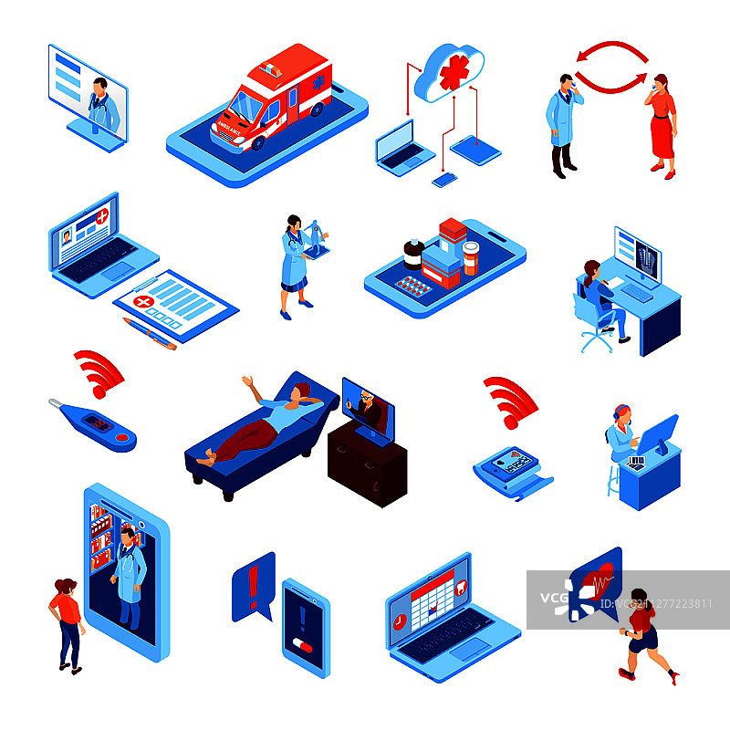 在线医疗等距图：电子设备健康监测与医患沟通图片素材