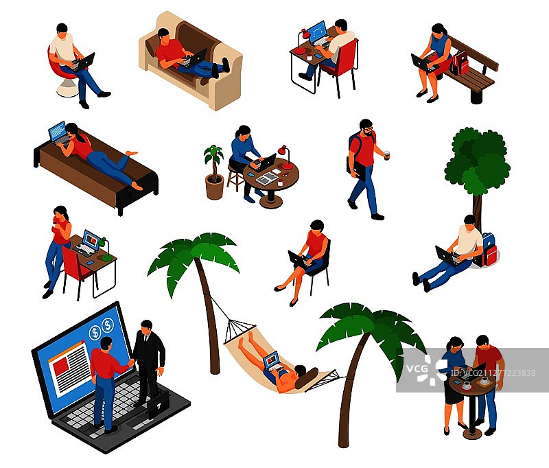 自由职业者远程创意工作，在沙发上的吊床上用笔记本电脑，等距矢量图。自由职业者等距工作场景图片素材