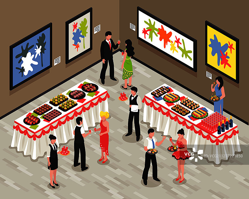 宴会厅等距矢量插图：餐桌旁有客人、工作人员、食物和饮料，墙壁上挂着明亮的图画图片素材